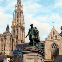 Antwerp: Rubens memorial with tower of the cathedral